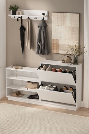 Bofigo Ayakkabılık ve Portmanto Askılık Seti Düşer Kapak Ayakkabılık Elbise Askılığı Serap & Vega Beyaz