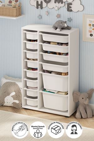 Bofigo 14 Sepetli Dolap Çok Amaçlı Dolap Oyuncak Dolabı Rüya Beyaz