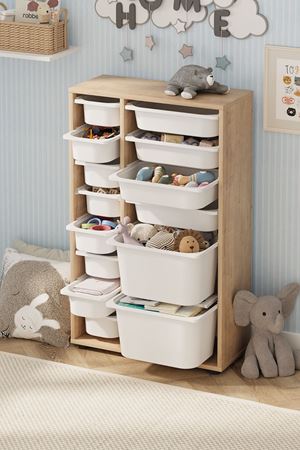 Bofigo 14 Sepetli Dolap Çok Amaçlı Dolap Oyuncak Dolabı Rüya Safir Meşe