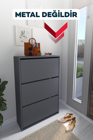 Bofigo Düşer Kapak Ayakkabılık Kayar Raflı Ayakkabılık 3 Bölmeli Ayakkabılık Melek Antrasit