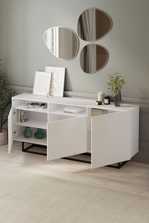 Bofigo 3 Kapaklı Konsol Metal Ayaklı 8 Bölmeli Tv Ünitesi Dresuar Çok Amaçlı Dolap 180 cm Aras Beyaz