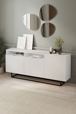 Bofigo 3 Kapaklı Konsol Metal Ayaklı 8 Bölmeli Tv Ünitesi Dresuar Çok Amaçlı Dolap 180 cm Aras Beyaz