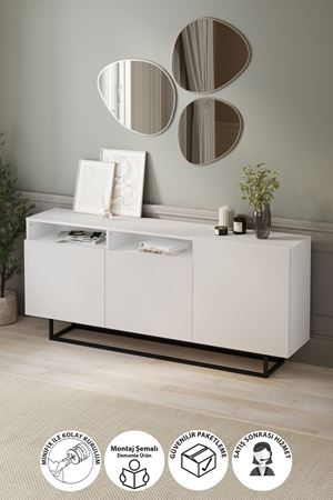 Bofigo 3 Kapaklı Konsol Metal Ayaklı 8 Bölmeli Tv Ünitesi Dresuar Çok Amaçlı Dolap 180 cm Aras Beyaz