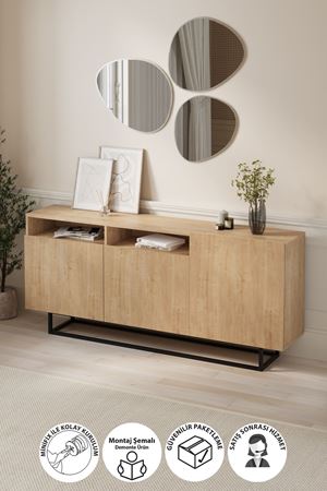 Bofigo 3 Kapaklı Konsol Metal Ayaklı 8 Bölmeli Tv Ünitesi Dresuar Çok Amaçlı Dolap 180 cm Aras Safir Meşe