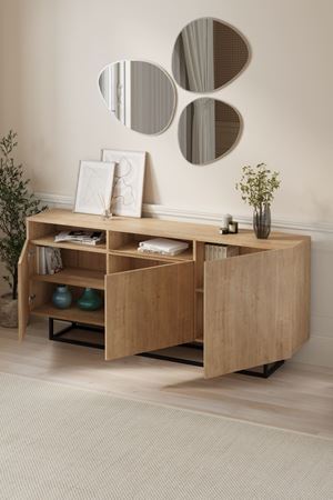 Bofigo 3 Kapaklı Konsol Metal Ayaklı 8 Bölmeli Tv Ünitesi Dresuar Çok Amaçlı Dolap 180 cm Aras Safir Meşe