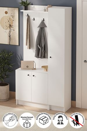 Bofigo 3 Kapaklı Portmanto Elbise Askılığı 7 Bölmeli Vestiyer Ayakkabılık Güneş Buketi Beyaz