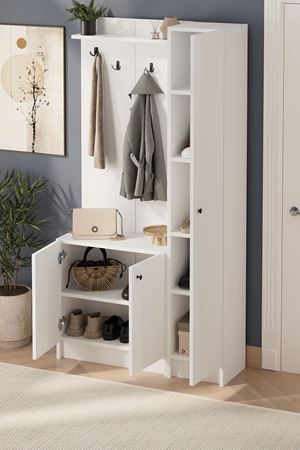 Bofigo 3 Kapaklı Portmanto Elbise Askılığı 7 Bölmeli Vestiyer Ayakkabılık Güneş Buketi Beyaz