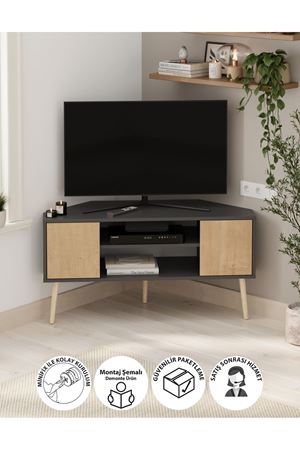Bofigo TV Sehpası 2 Kapaklı Tv Sehpası Köşe TV Ünitesi Televizyon Sehpası Tv Sehpası Kıbrıs Safir Meşe Antrasit