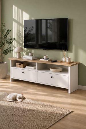 Bofigo Tv Sehpası 2 Kapaklı Tv Ünitesi Televizyon Sehpası 120 x 30 Cm Santorini Safir Meşe Beyaz