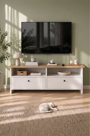 Bofigo Tv Sehpası 2 Kapaklı Tv Ünitesi Televizyon Sehpası 120 x 30 Cm Santorini Safir Meşe Beyaz