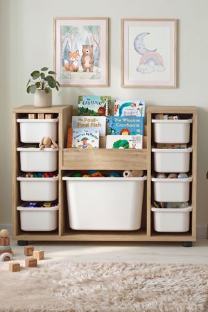 Bofigo 9 Sepetli Dolap Oyuncak Dolabı Çok Amaçlı Dolap Montessori Kitaplıklı Aden Safir Meşe