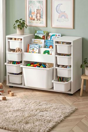 Bofigo 9 Sepetli Dolap Oyuncak Dolabı Çok Amaçlı Dolap Montessori Kitaplıklı Aden Beyaz