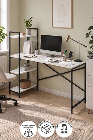 Bofigo 120X55 Cm Raflı Çalışma Masası Bilgisayar Masası Ofis Masası Ders Masası Cervantes Beyaz