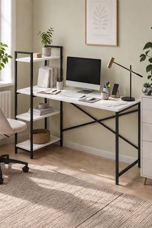Bofigo 120X55 Cm Raflı Çalışma Masası Bilgisayar Masası Ofis Masası Ders Masası Cervantes Beyaz
