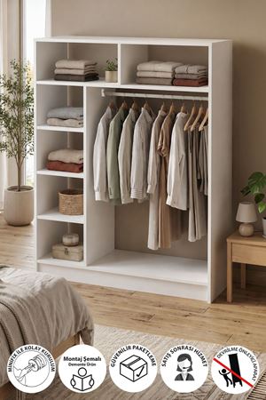 Bofigo 6 Raflı Gardırop Giysi Dolabı Açık Gardırop Elbise Dolabı Dualis Beyaz