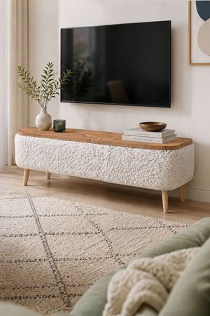 Bofigo Sandıklı TV Ünitesi Teddy Kumaş Kaplamalı Ahşap Ayaklı Modern TV Ünitesi Sarven Beyaz