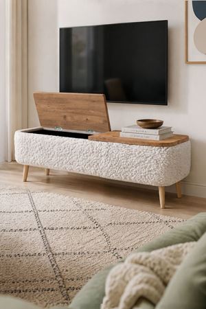 Bofigo Sandıklı TV Ünitesi Teddy Kumaş Kaplamalı Ahşap Ayaklı Modern TV Ünitesi Sarven Beyaz