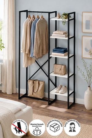 Bofigo 5 Raflı Metal Gardırop Metal Portmanto Açık Gardırop Elbise Dolabı Metal Askılık Vestiyer Loftix Beyaz