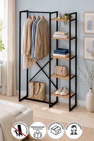 Bofigo 5 Raflı Metal Gardırop Metal Portmanto Açık Gardırop Elbise Dolabı Metal Askılık Vestiyer Loftix Çam